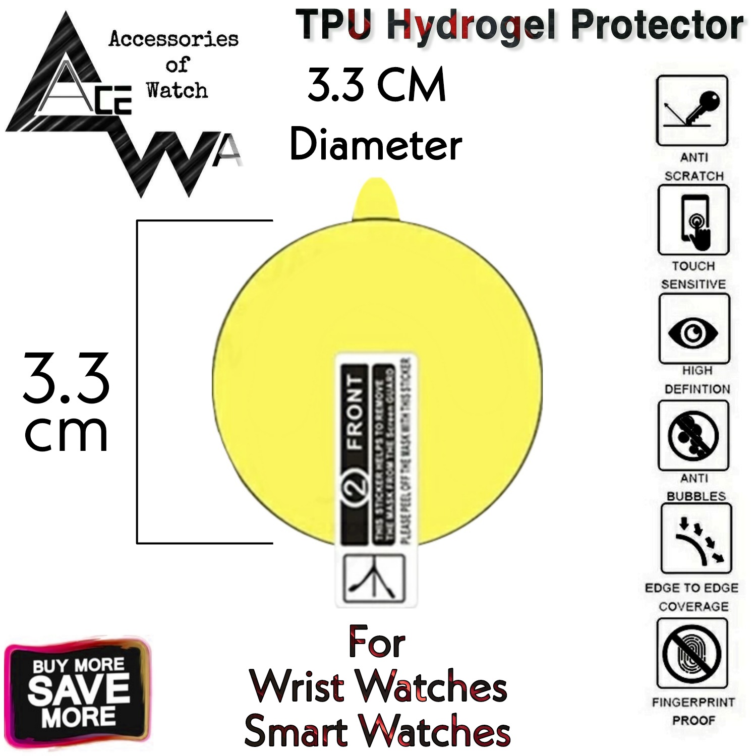 AceWa 1 Pcs 33mm Round Hydrogel Film Protector for Round Dial Watch | 3.3 cm Diameter TPU Round Screen Protective Film for Analog Watch, Smart Watch, Luxury Watch | Universal