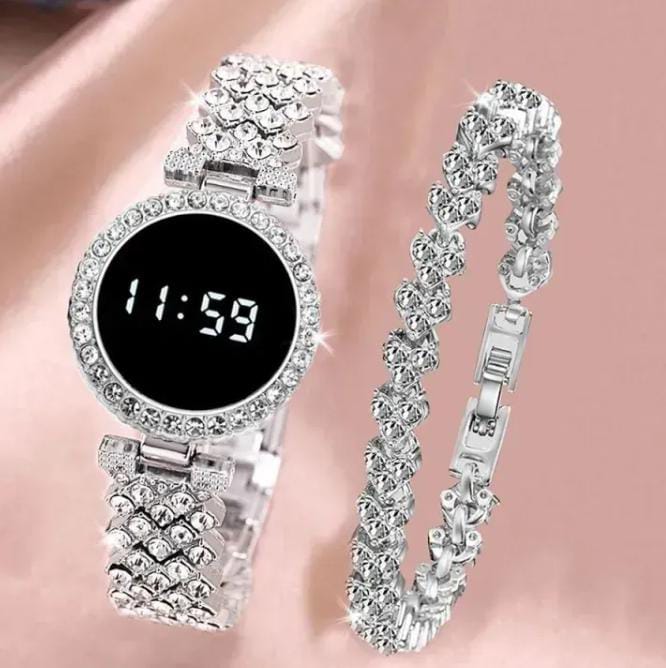 Diamond Touch Screen LED Watch for Ladies –Jewellery For Girls Style in Stainless Steel Chain Digital Wristwatch for Women's – Stylish Fashion Watch For Girls With Bracelet in Silver Stone Round & Square Dial Shape For Gift
