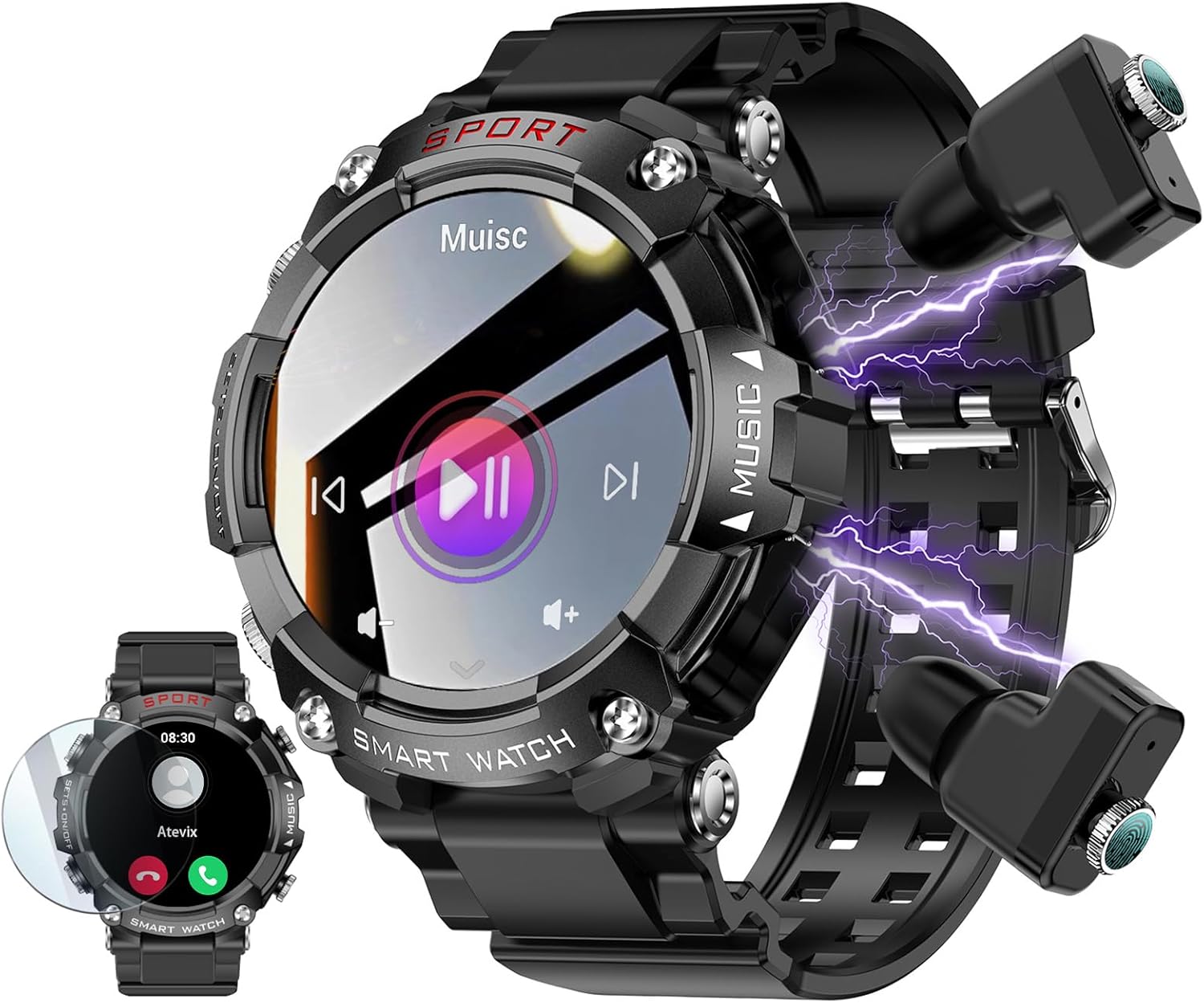 Airpods with watch | 2.01" HD Screen watch | 2 in 1 Bluetooth Calling Fitness Watch with 100+ Sports Modes for Men & Women