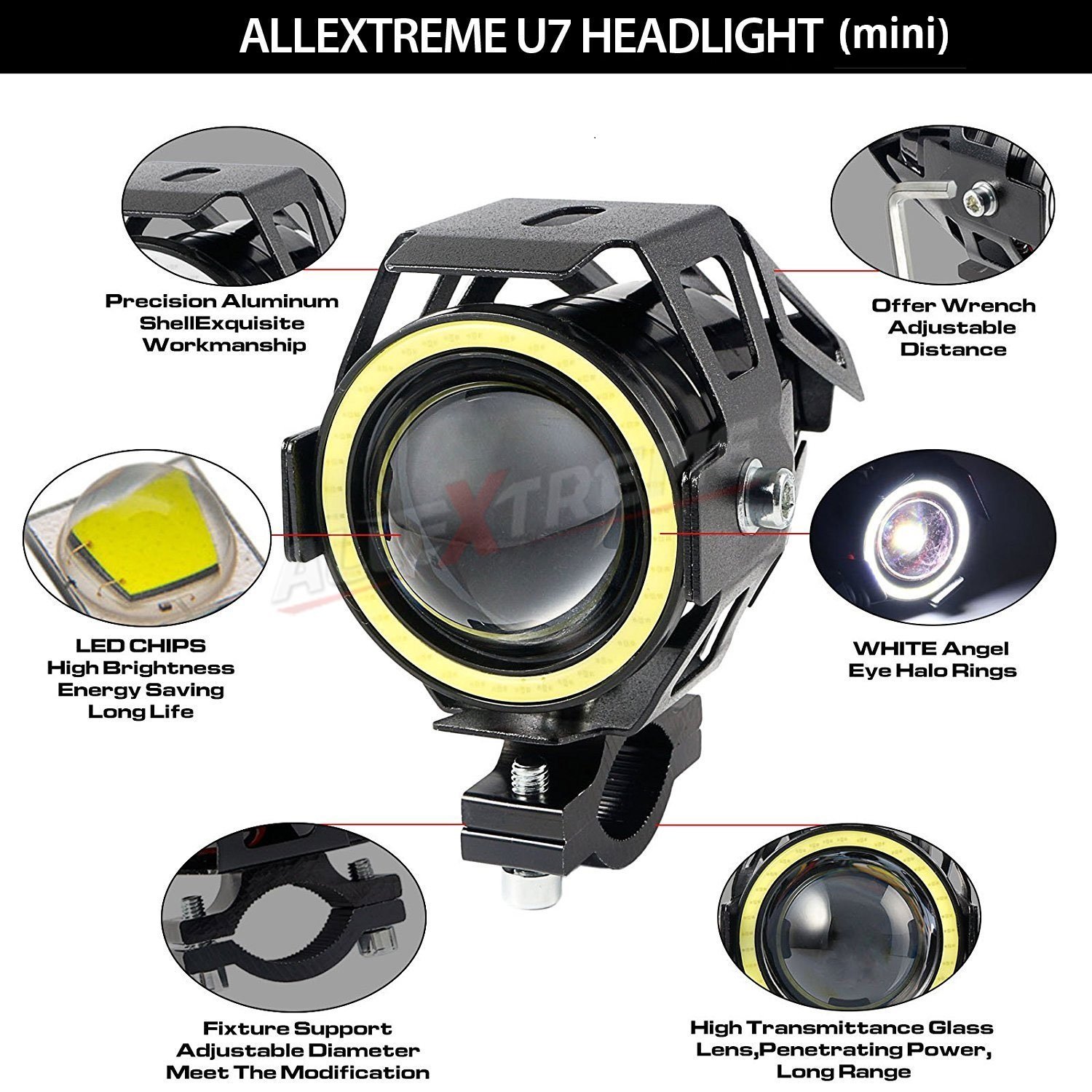 Motorcycle Headlight Led U7 Drl Fog Driving Running Light With Angel Eyes Lights Ring Front Spotlight Strobe Flashing White Light And Switch White Halo Buy Online At Best Prices In Pakistan