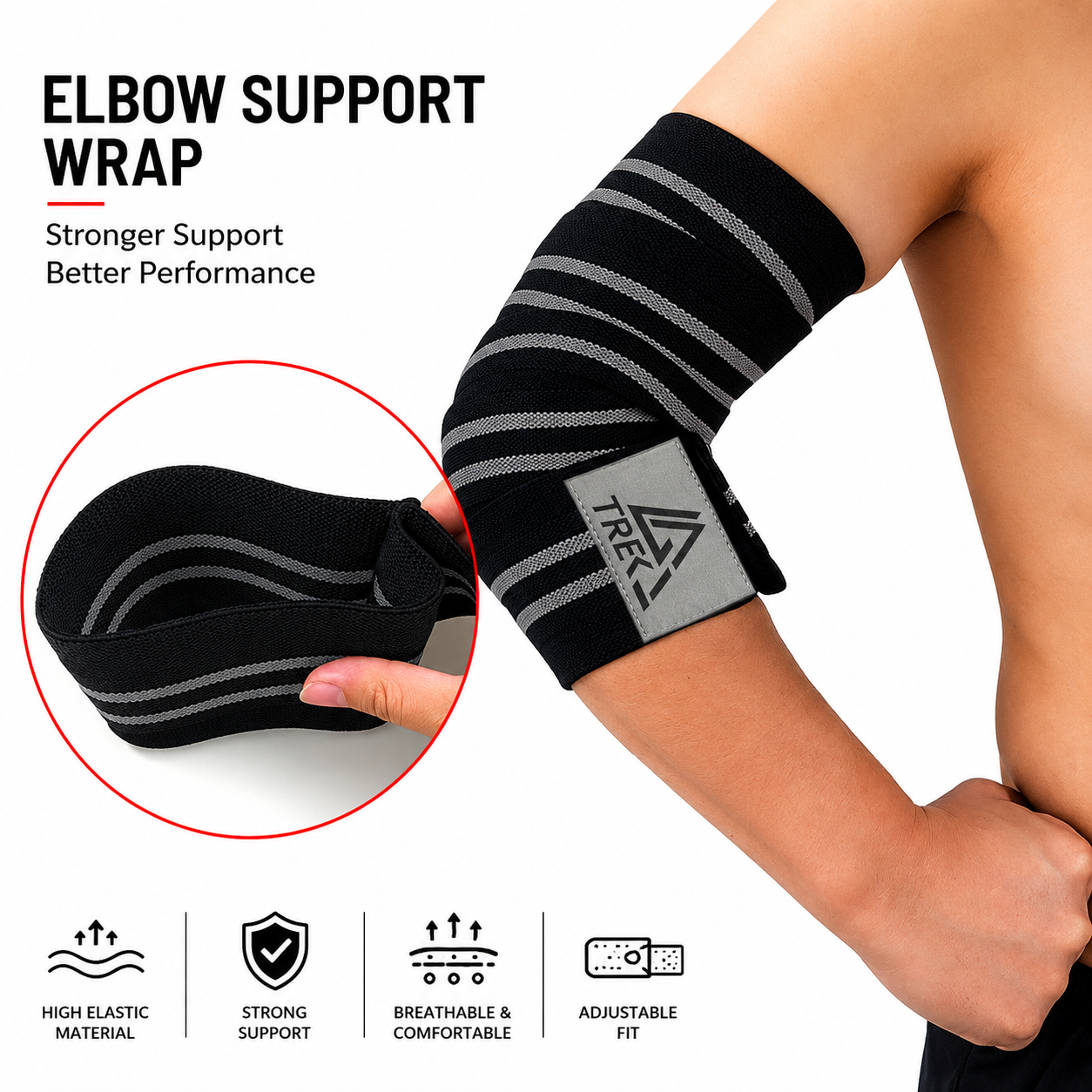 THE TREK Premium Elbow Wraps (Pair) | Adjustable Compression Support for Weight Lifting, Powerlifting, Gym & Fitness