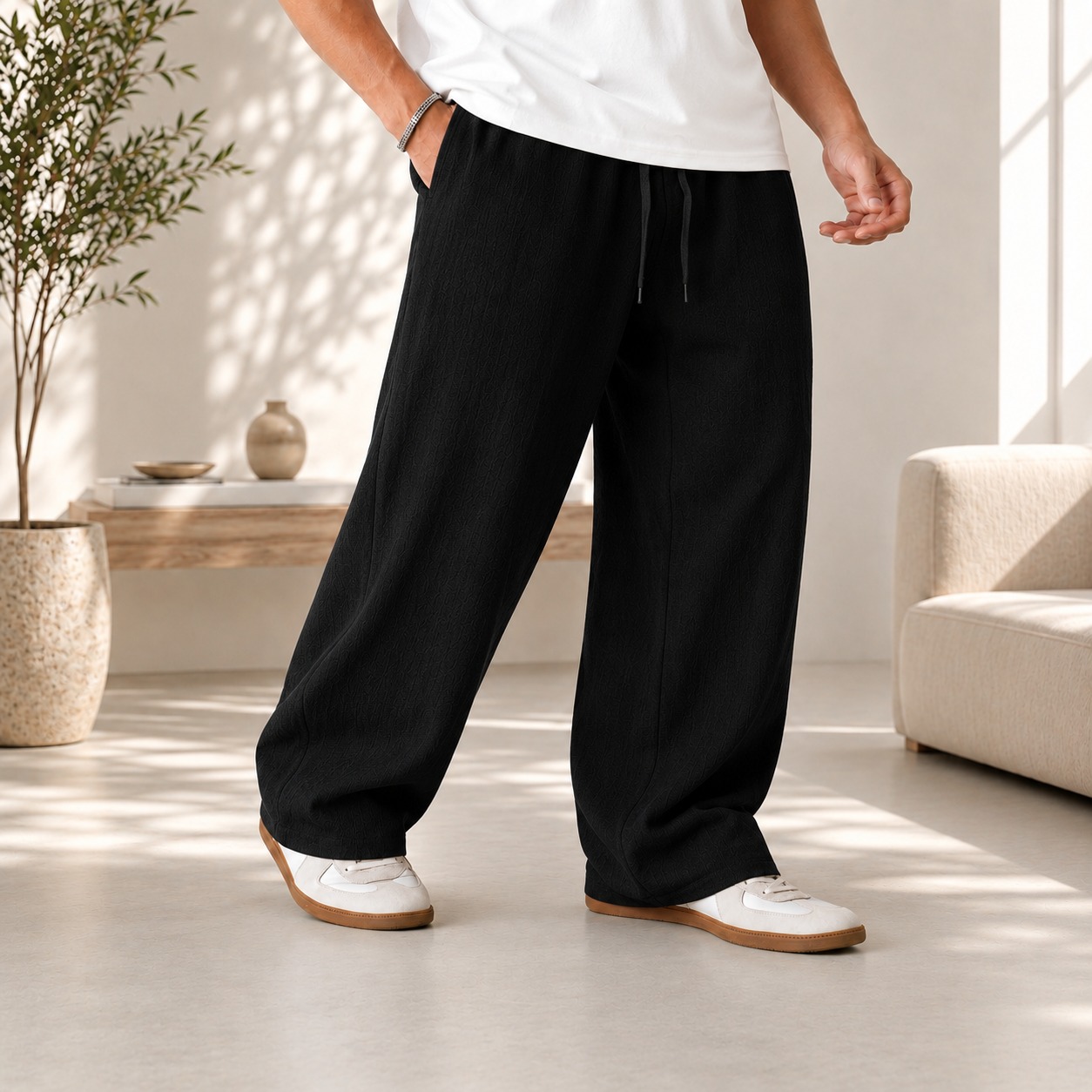 Men's Wide Leg Loose Fit Casual Pants | Drawstring Elastic Waist Trousers with Deep Pockets | Lightweight Breathable Summer Bottoms for Men | Baggy Pants | Comfortable Everyday Wear Trousers for Boys & Men