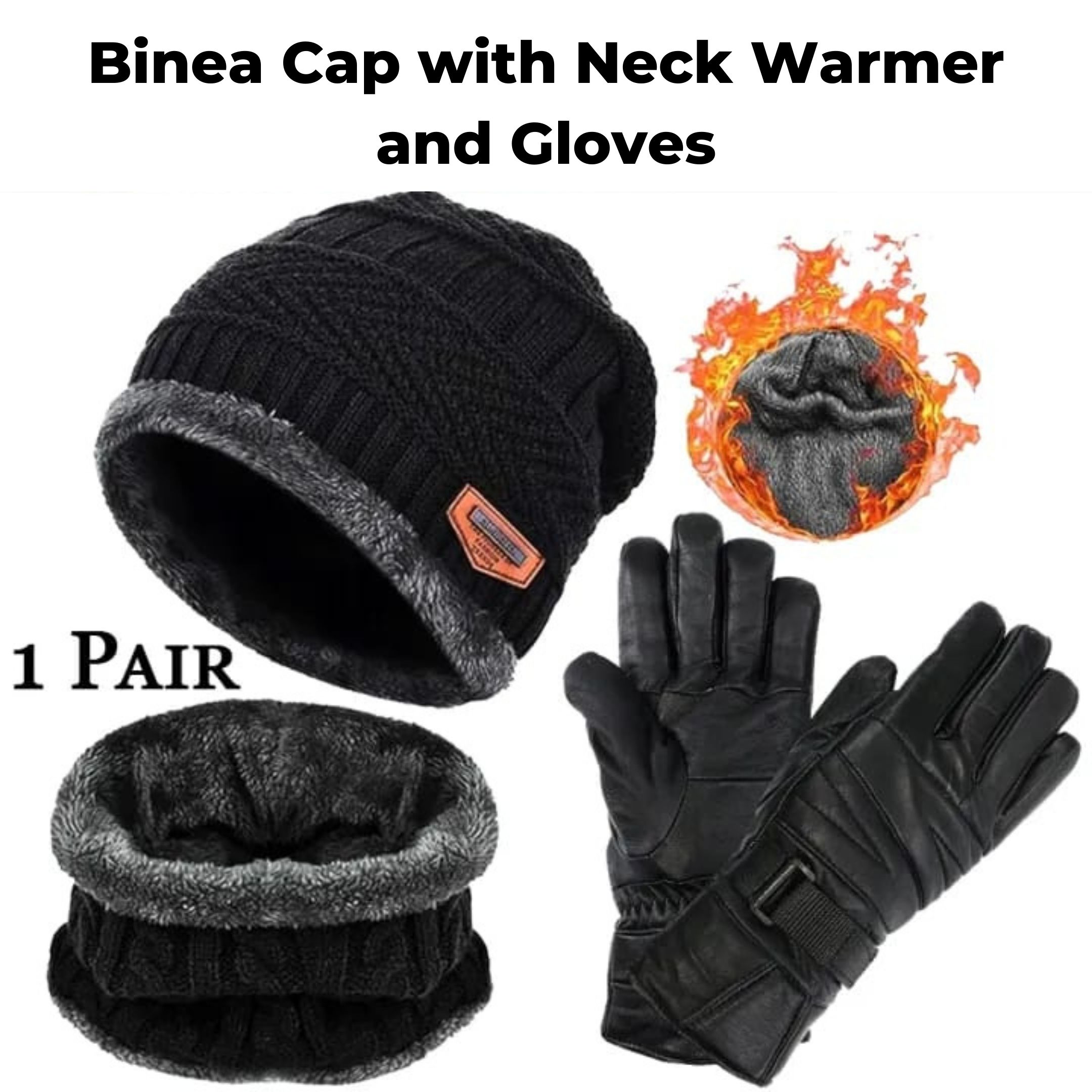 Winter Beanie Cap Neck Warmer Leather Gloves Set for Men Women| Winter Wool Cap with Gloves