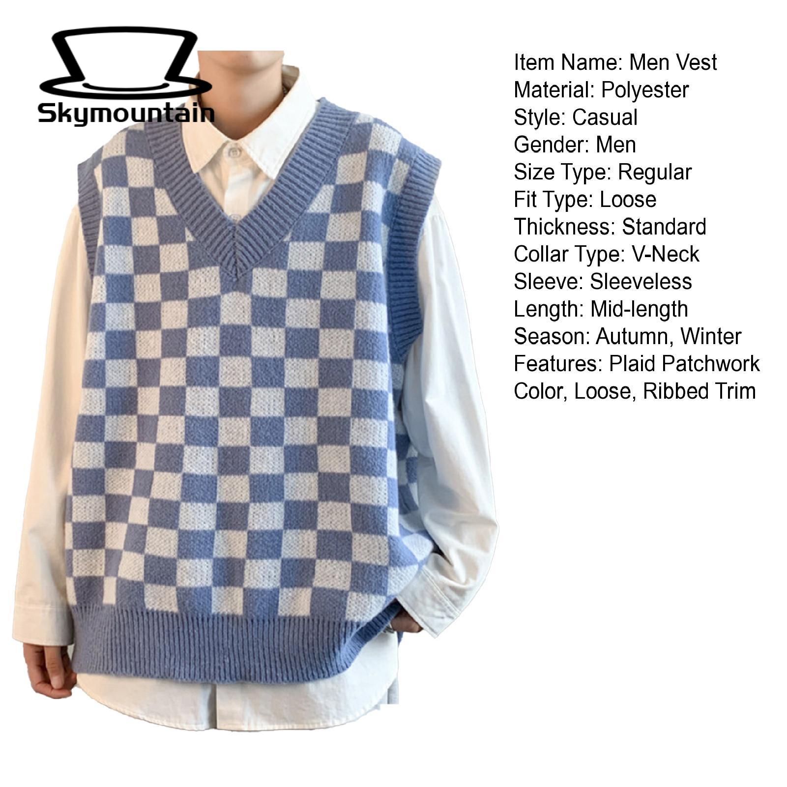 Skymountain Knitting Vest College Style Men Patchwork Color Vest