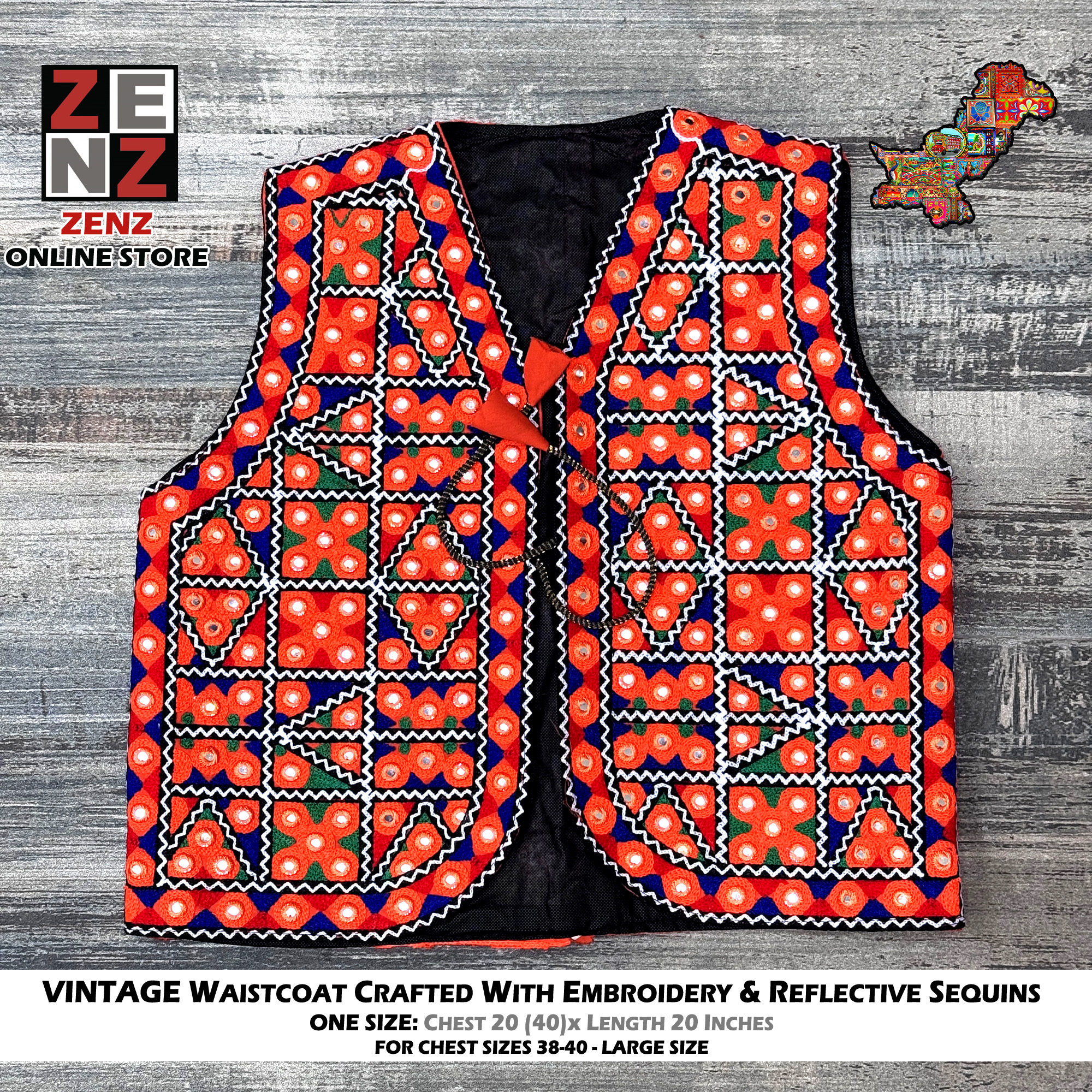 Womens Large Size Waistcoat Koti Gilet for Adult Females crafted with Embroidery & Sequins by ZENZ Pakistani Sindhi Traditional & Cultural Wear Embroidered Waist Coat