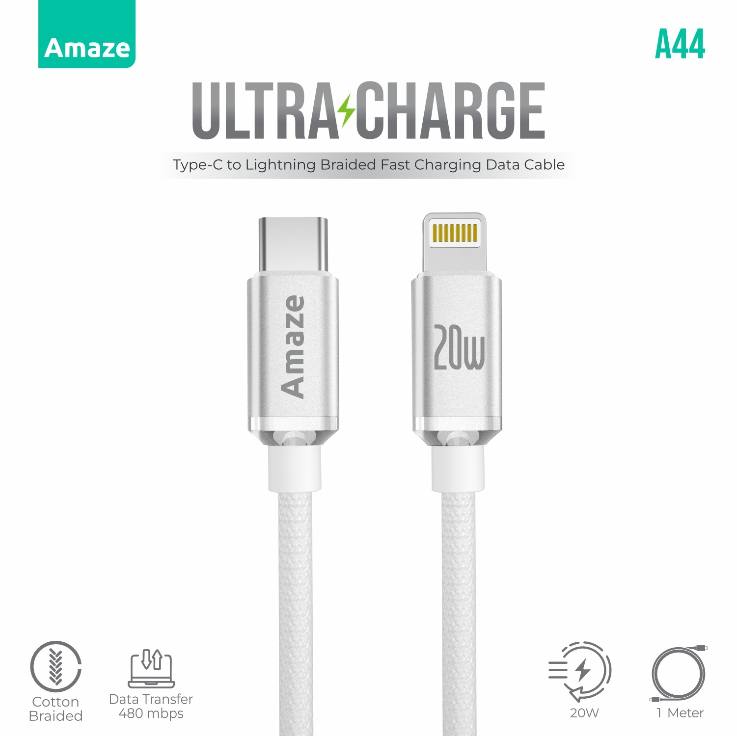 Amaze Ultra Charge 20W Type C to Lightning Braided Cable 1m A44 13 dd55a5351df0ef9c2c228dd22fb9f37c