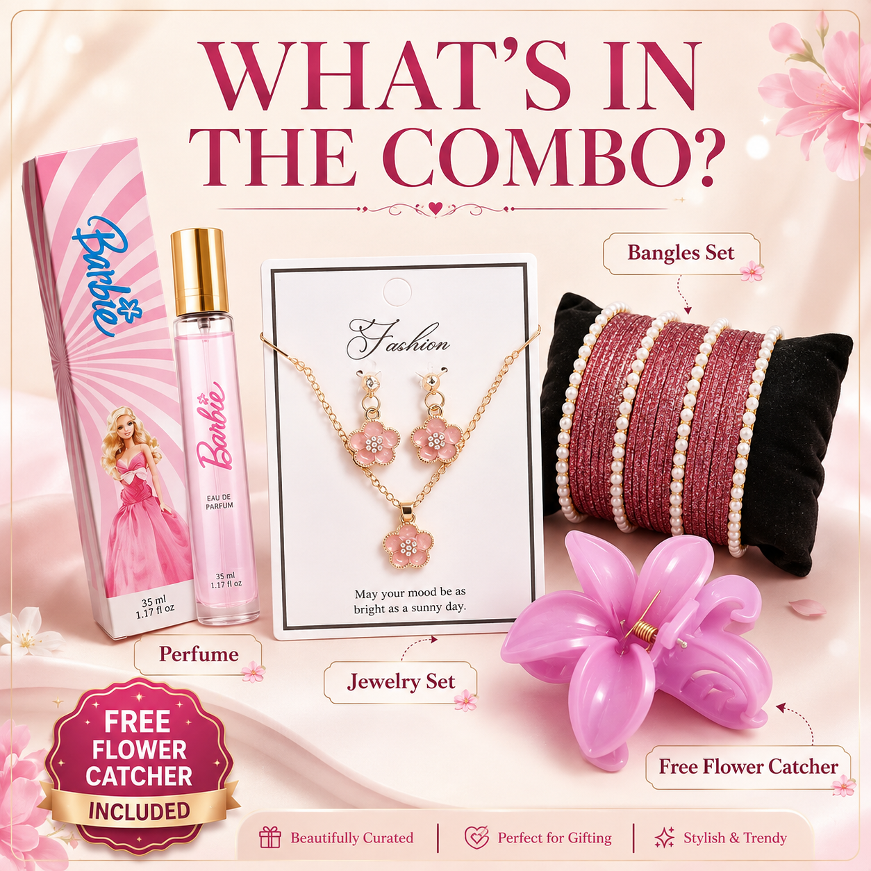 Perfect Gift Combo Set for Her – Bangles, Necklace & Earrings, Perfume & Flower Hair Catcher with Gift Box