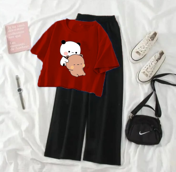 Night Suit For Ladies and Girls Crop Top  Night Dress Crop Tee and Black Flapper Dudu Bubu Design