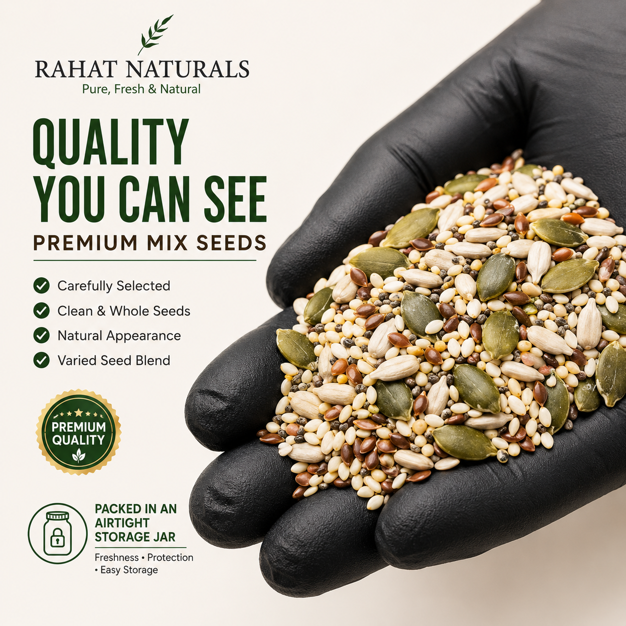 Rahat Naturals Premium Mix Seeds | 100% Natural Super Seed Blend | High Protein, Fiber & Omega 3 | Healthy Breakfast & Snack Seeds | Pumpkin, Sunflower, Flax & Sesame Seeds | Fresh & Nutritious