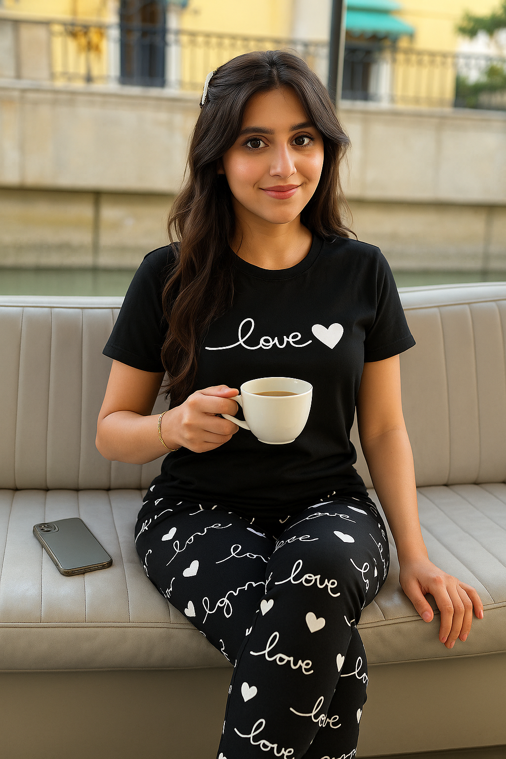 Girls (7–14) & Women (S–XL) Soft Cotton Jersey Pajama Set – Black “love” Tee & Printed Trousers | Cozy Sleep & Loungewear