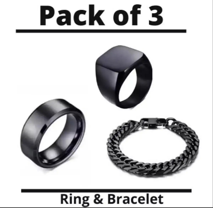 Black Punk Ring & Black Titanium Ring & Black Cuban Chain Bracelet – Pack of 3