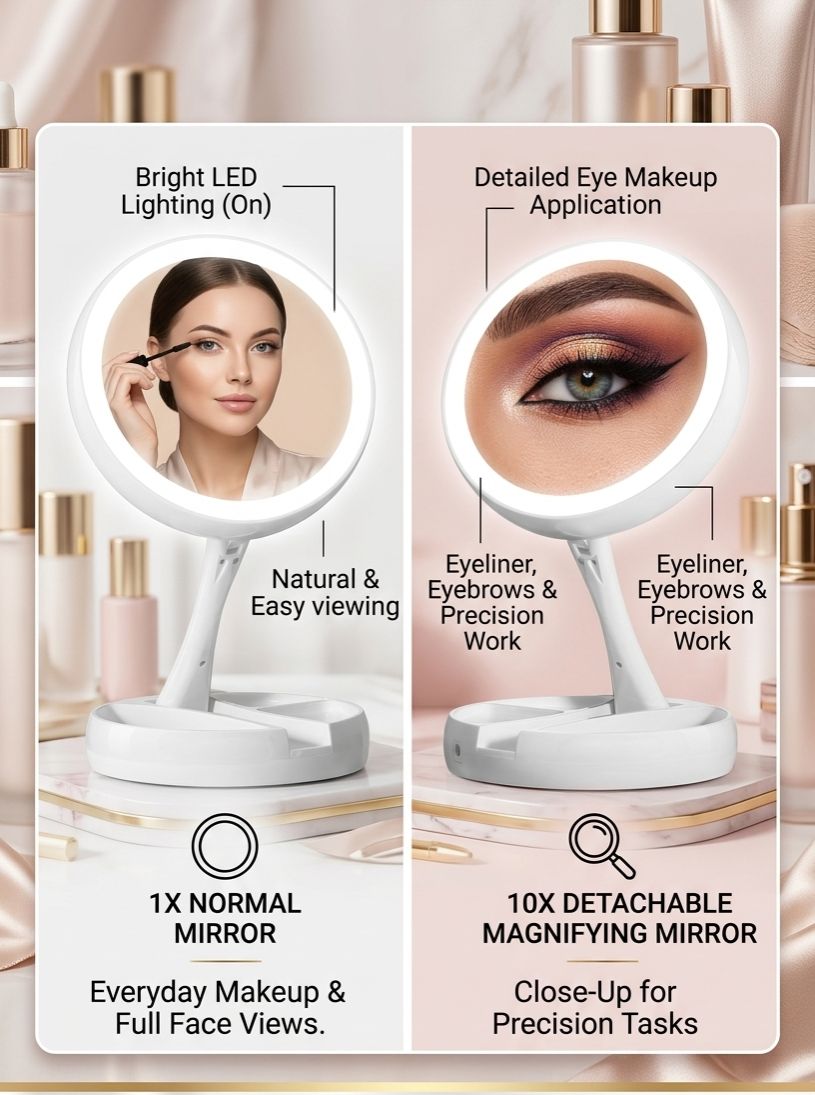 Double Sided Folding LED Makeup Mirror with Light | USB Power & Battery Lighted Vanity Mirror | Foldable Portable Tabletop Cosmetic Mirror with Stand & Storage Tray (1X/10X)