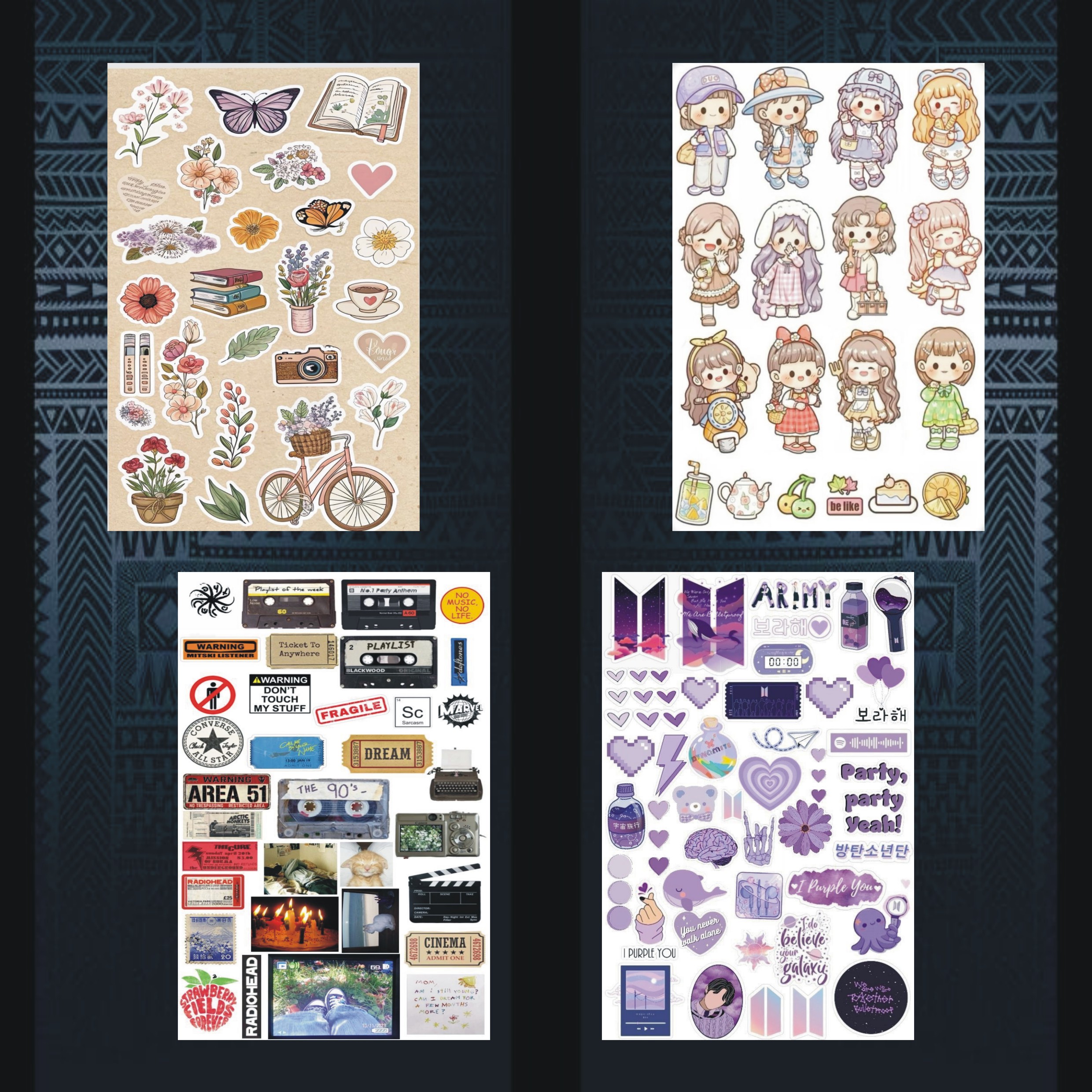 Aesthetic Multi-Theme Decorative Sticker Sheet Collection (Vintage Floral, Cute Chibi, Retro Grunge & K-Pop BTS) A6+ size