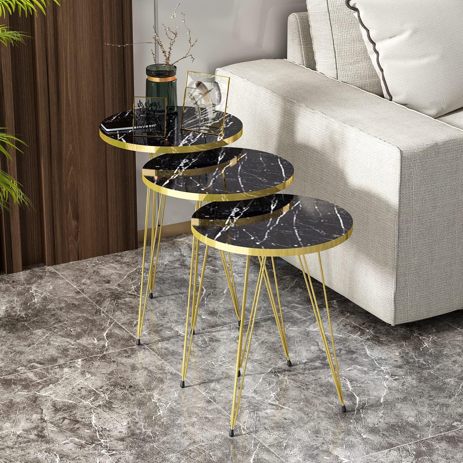 HOME COMFORT 1 Pcs/ Set of 3 Round Coffee Table HIGH Gloss Nesting Tables - Round Stacking Coffee Side Accent Tables with Metal Legs for Living Room, Home Office, Nightstands for Bedroom, Sturdy Easy Assembly - 3 Piece Modern Nesting Table Living Room