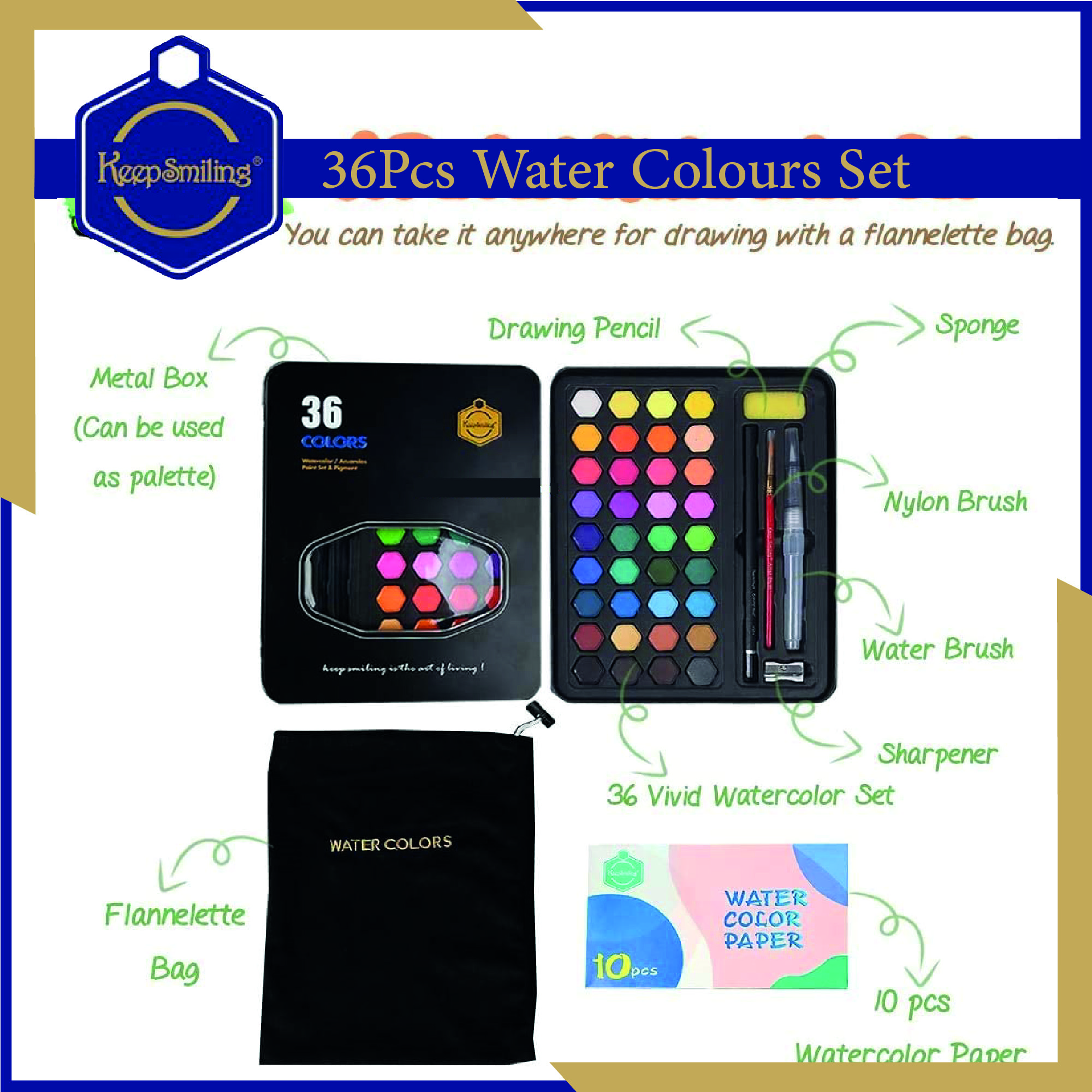 Keep Smiling 36 Colors Solid Watercolor Paints With Painting brush and  sponge Tin Box Set (Giorgione 36 water colour paint set)