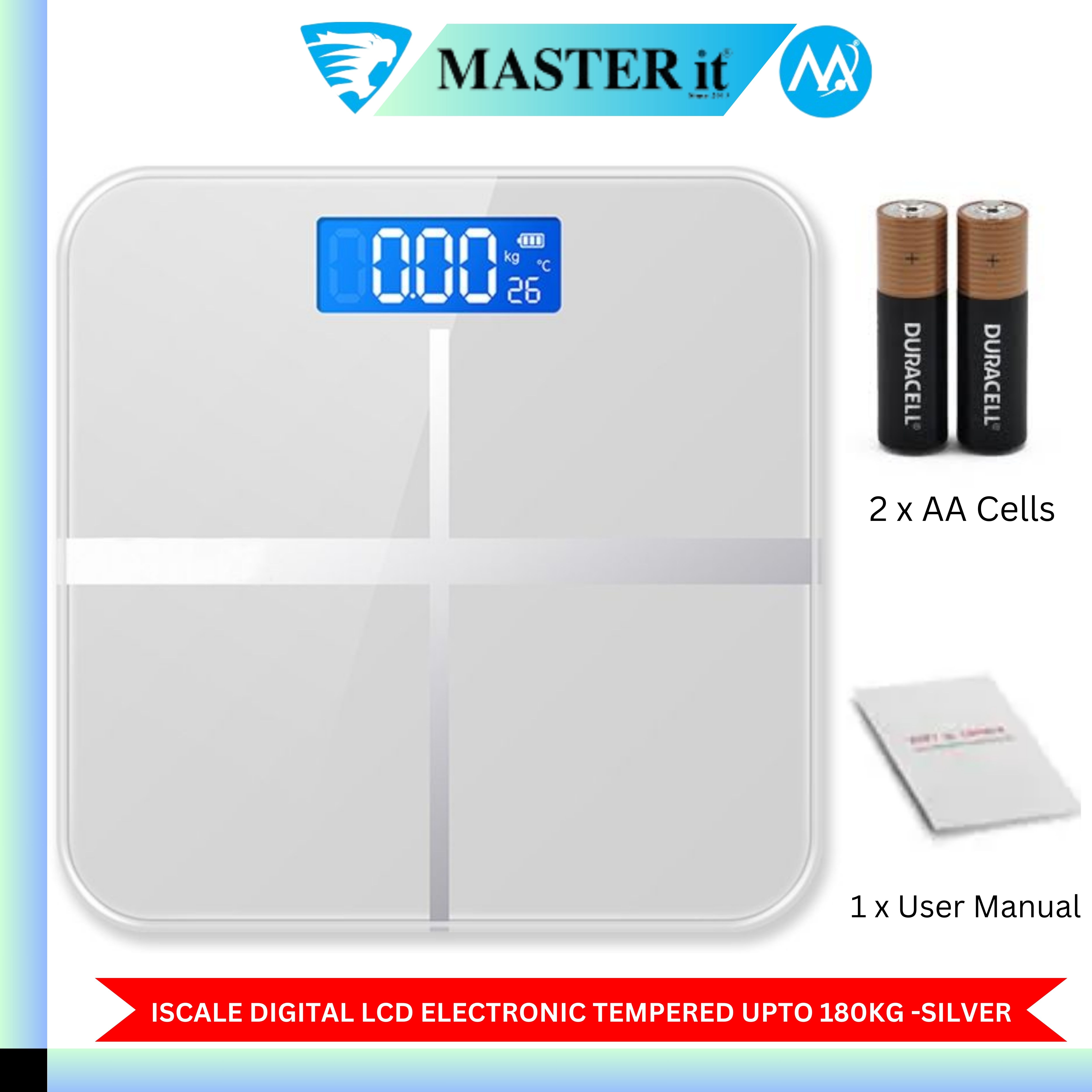 Upto 180kg iScale Rechargeable Weight Machine - 8mm Tempered Glass - Digital Heavy Duty Electronic Weighing Scale with Dual LED Display - Heavy Electric Weight Machine With Durable Steel Quality - For Home & Personal Use - Black//Blue/Silver