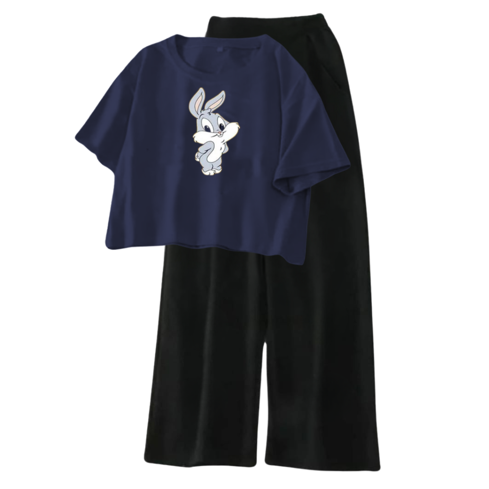 MK Garments - Cute Bunny Printed Premium Quality 2 Piece Suit for Women & Girls Half Sleeves T Shirt with Palazzo