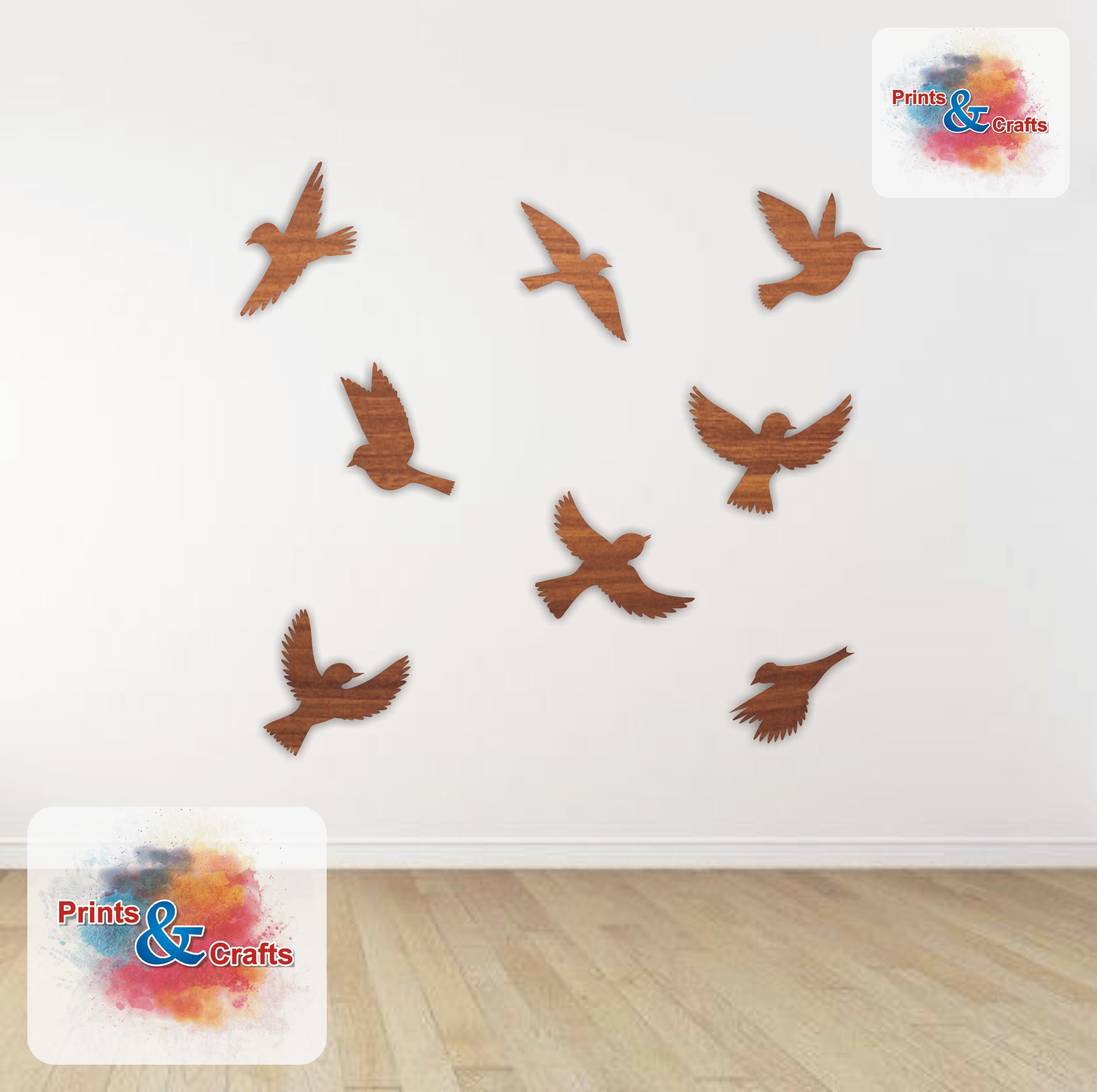 Wooden Wall Decoration, Set of 8 Birds, 3mm MDF Laser Cut, Antique Style