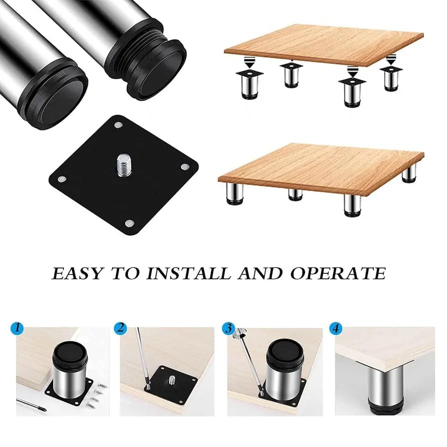 Pack of 4 Adjustable Stainless Steel Furniture Legs – 2 Inch, 3 Inch, 4 Inch, 6 Inch | Heavy Duty Sofa Legs, Bed Feet, Cabinet & Table Support Malik Hardware