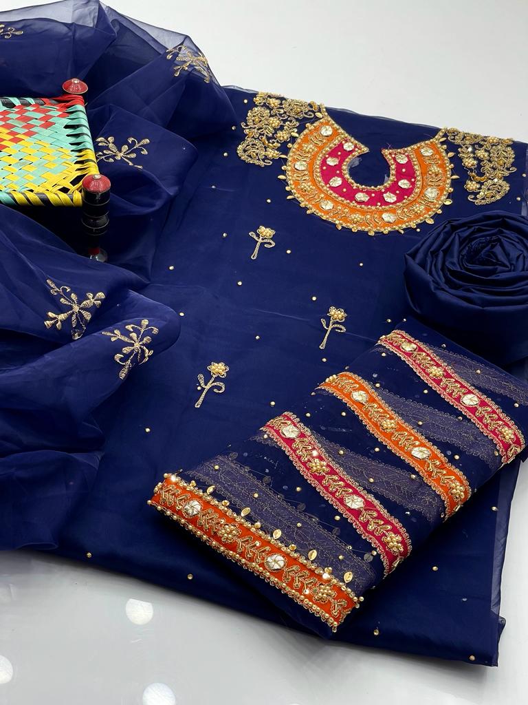 New Fancy Organza Unstitched Wedding Dress for Women – Organza Work Shirt, Organza Booti Work Dupatta, and Katan Silk Trouser