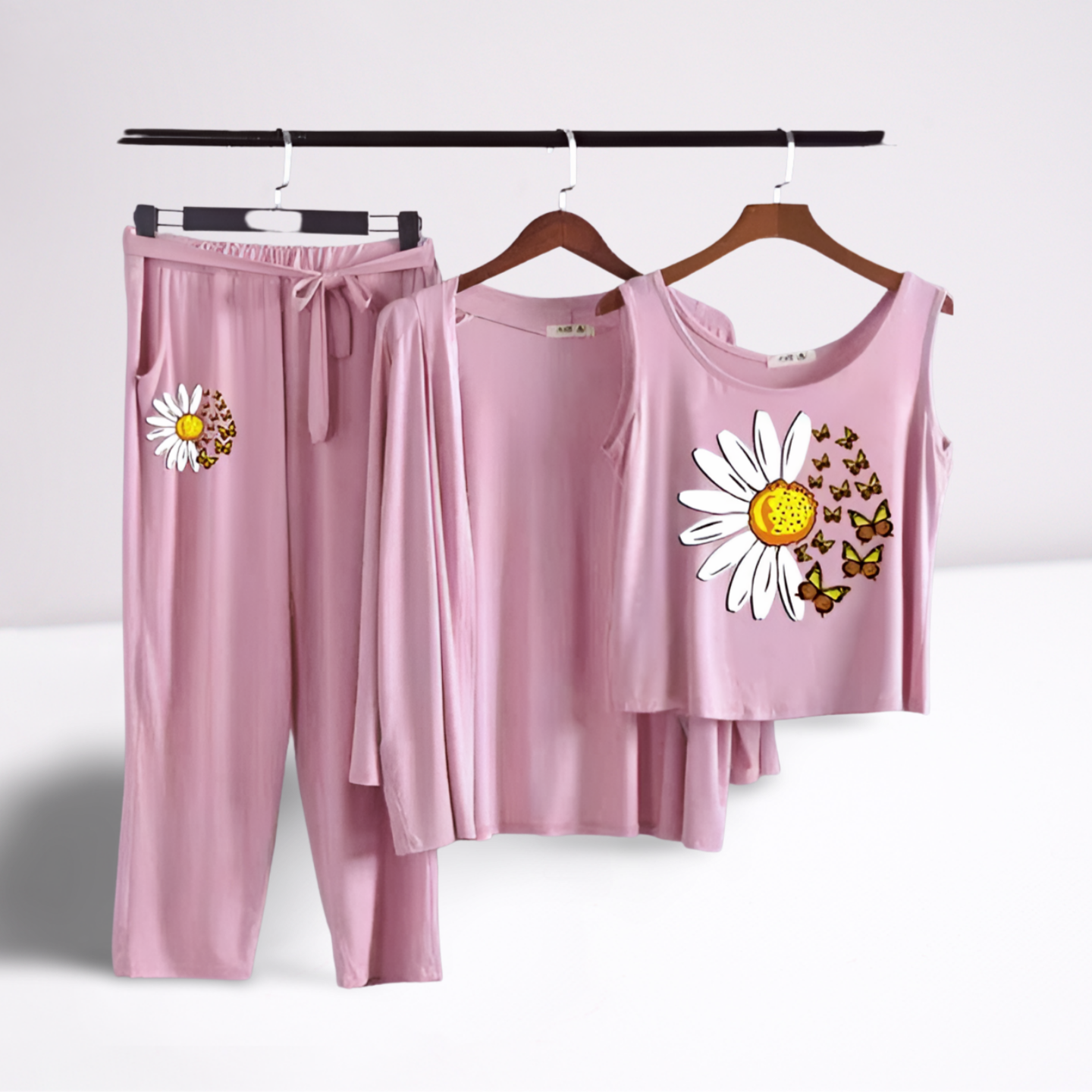 SunFlower Printed 3Pcs Pajama Suit Women Modal Long-Sleeved Vest For Leisure Home Wear Female Sleepwear