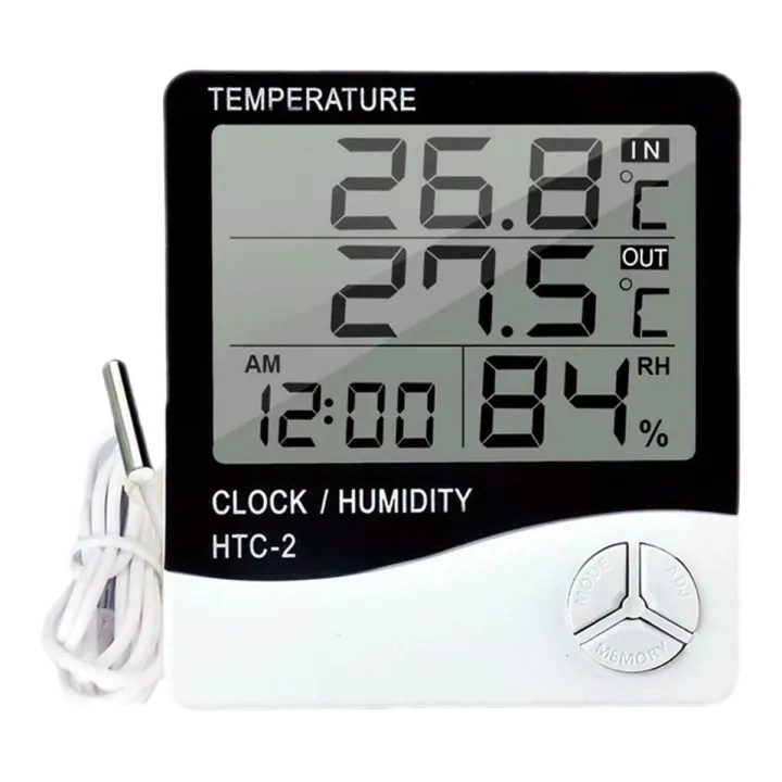 HTC-2 Digital LCD Temperature Humidity Meter Indoor/Outdoor Room Thermometer Clock Hygrometer with sensor Greenhouse Room Indoor Thermometer Monitor Clock Beep, Egg Incubator, Fish Tank Temperature Controlling & Alarm Clock For Baby Room