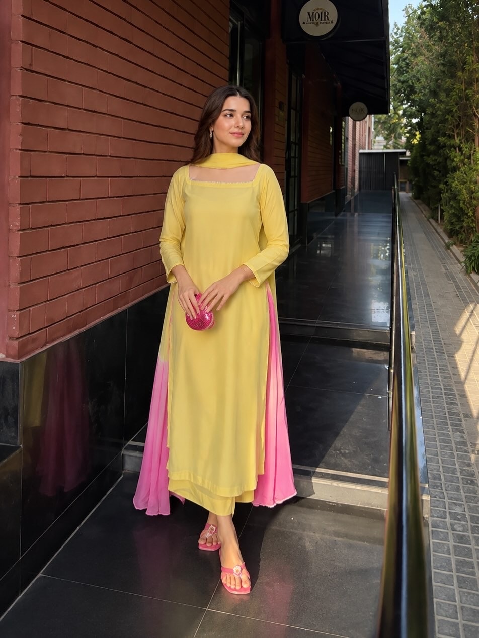 Stitched 3pc Long Length Shirt and Plazo with Dyed Dupatta For Women & Ladies