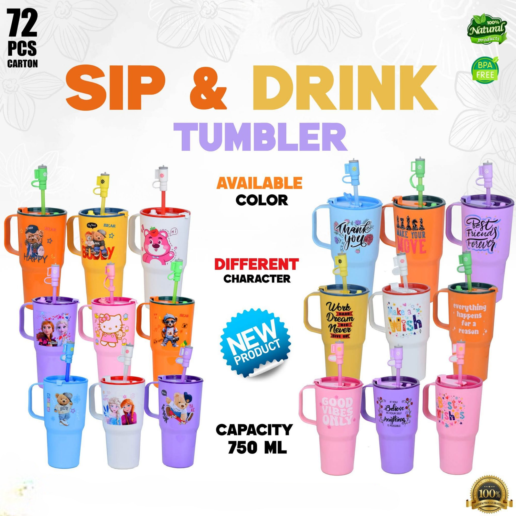 750ml Cute Mini Tumbler with Straw and Lid | BPA Free Plastic Water Bottle for Kids and Students | Aesthetic Sipper Mug for Summer Hydration | High Quality Portable Beverage Cup for Daily Use and Gifting | Random Color