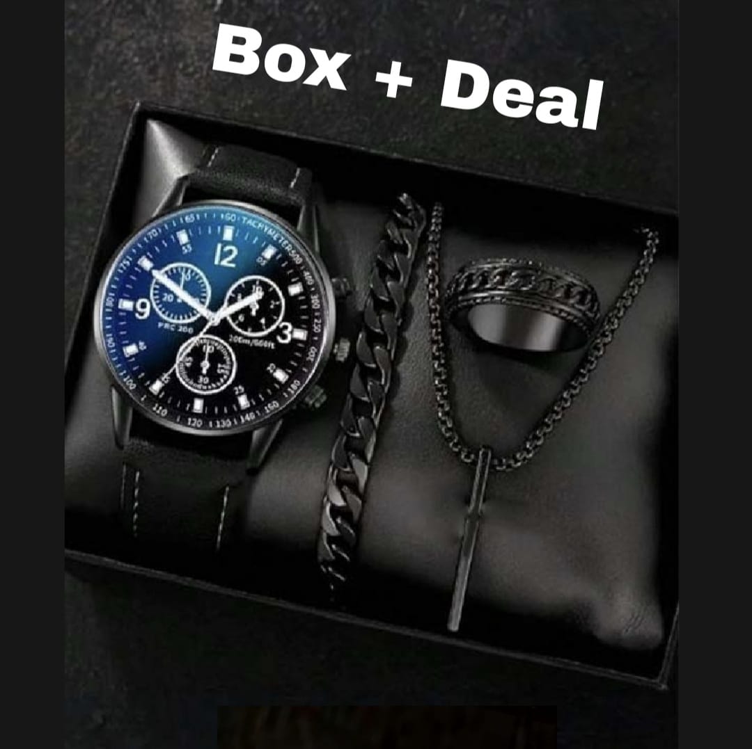 Fully Black Mega Deal Men's Gift Fashion Sport Wedding Watch Deal Men Sport Watches Top Class High Quality Wrist Pack Of 5 Watch Black Color Deal Stainless steel Luxury Italian Cuban Link Bracelet For Men/Boys
