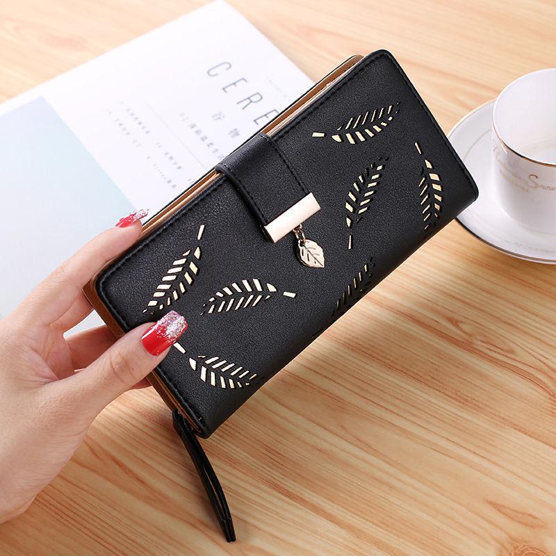 Stylish Mall -Luxury Pu  Leather Women Wallets Long Hasp Fold-Over Pattern Coin Purses Hollow Leaf Zipper Buckle Wallet for Girls Card Holder and money