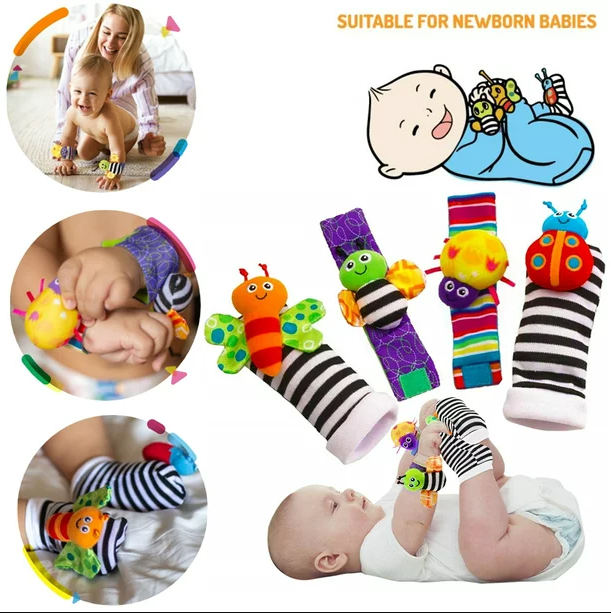 4 Pcs Baby Rattle Set Toys Infant Wrist Strap Baby Socks Foot Finder Educational Handbells Cute Spider Cartoon