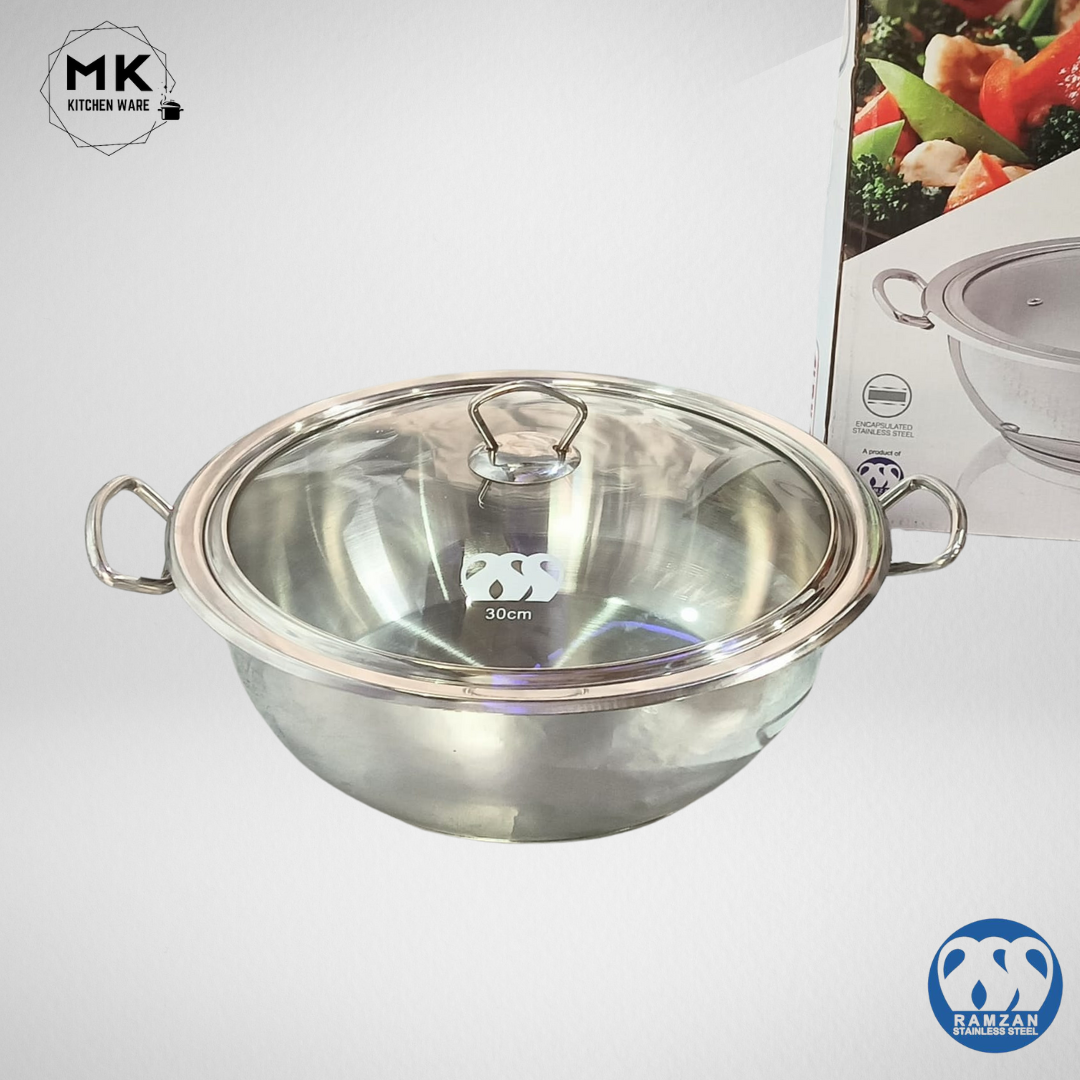 Cooking Wok /Karahi | Alpha Stainless Steel Karahi with Glass Lid ...