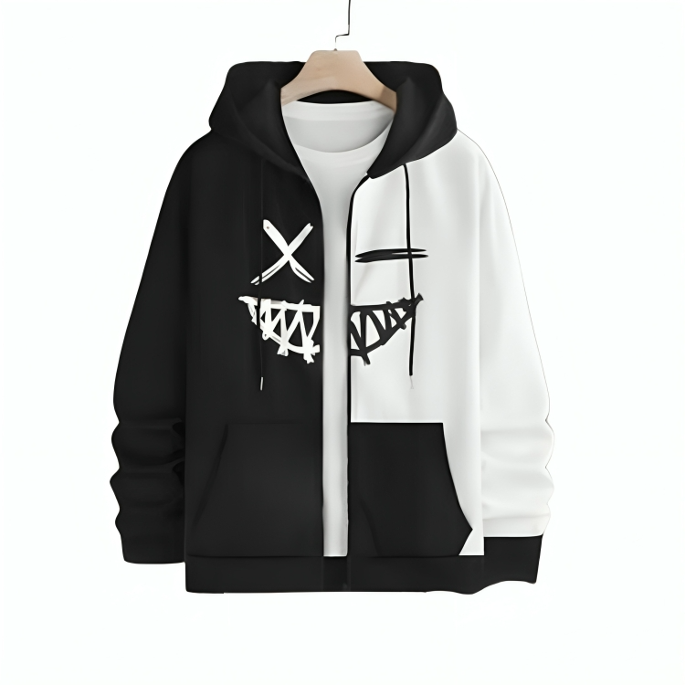 REVIBE - Black & White Zipper Trendy Printed Hoodies For Men