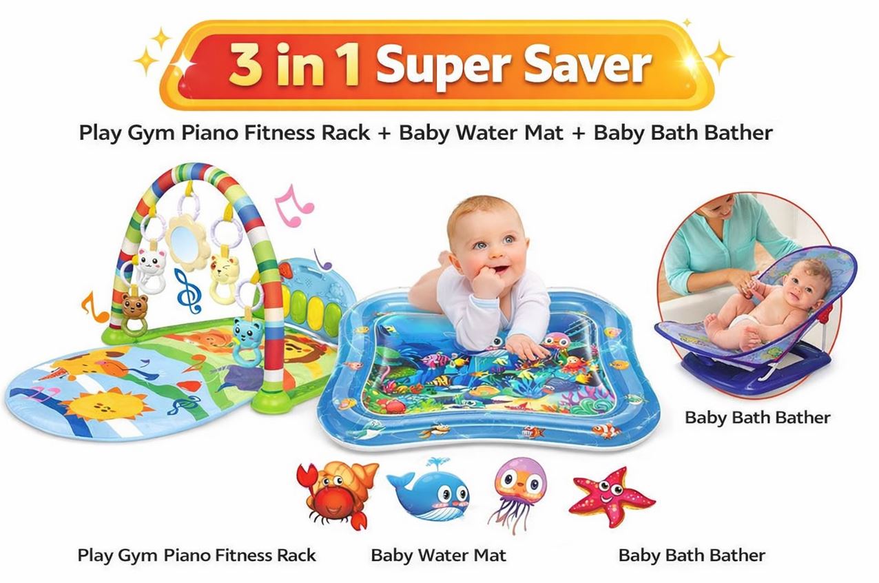 3 in 1 Baby Walker & Piano Play Gym Fitness Rack Mat with Kick Piano, Hanging Toys & Mirror | Baby Play Gym Activity Mat Newborn Infant Toddler | Combo Pack with Baby Water Mat & Baby Bather Available