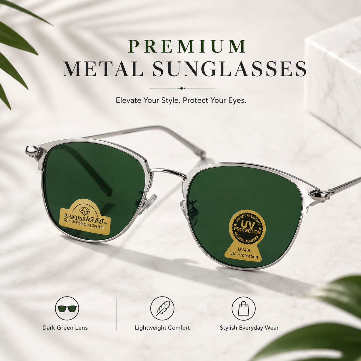 Premium Metal Sunglasses for Men | Dark Green Lens | UV400 Protection | Scratch Resistant | Lightweight Stylish Eyewear