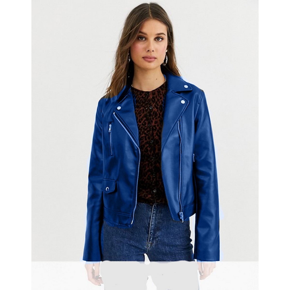 blue faux leather jacket womens