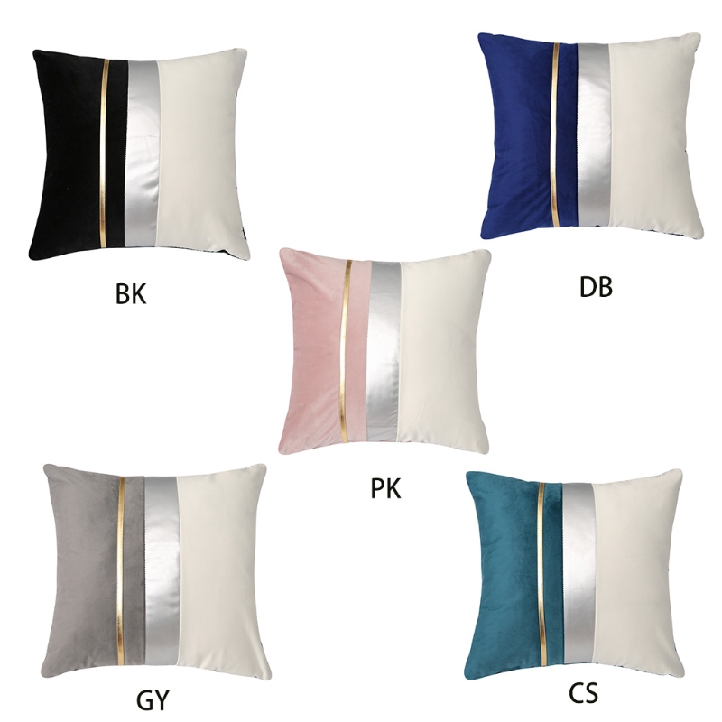 Navy Blue Cushion Cover 45 X Cm Gold Leather Striped Patchwork Velvet