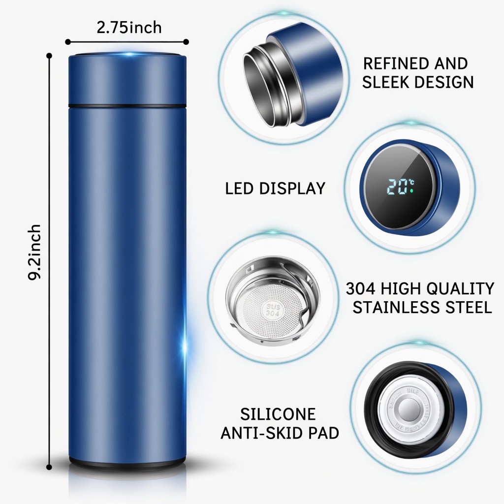 Digital Water Bottle, LED Temperature Display, Hot Cold Vacuum Flasks, stainless Steel Thermos, LED 500ML Smart Thermos