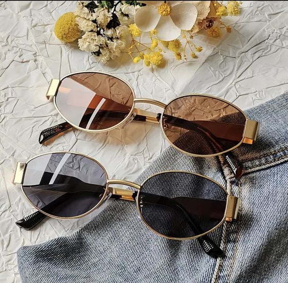 Trendy Oval Sunglasses for Women & Men – Vintage Retro Small Metal Frame Shades, Celine Inspired Designer Eyewear, UV400 Dark Lens, Lightweight Luxury Unisex Fashion Glasses