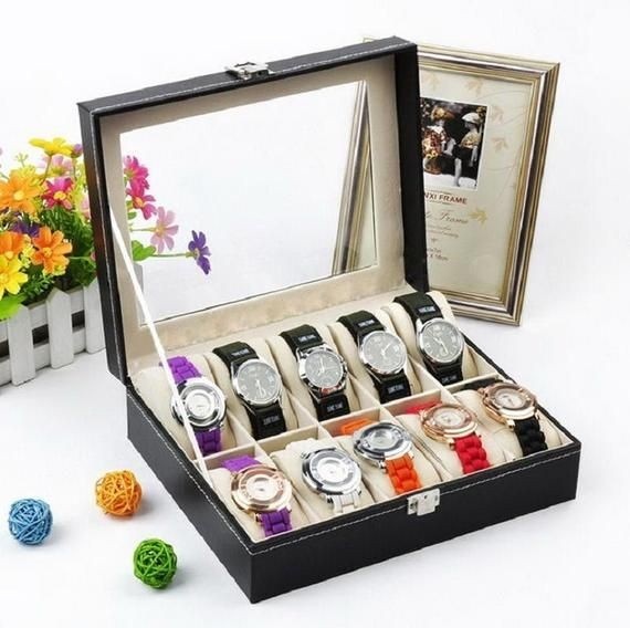 DecorZone 12 Slots Fashion Watch Box PU Leather Watch Case Holder Organizer 2 Layers Jewelry Display Storage Stand Box for Gift Men Women