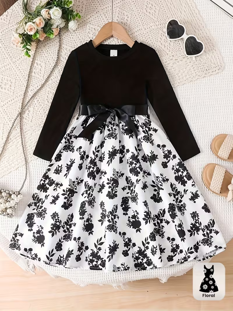 Girls' Elegant And Fashionable Dress - Charming Floral Print Patchwork Round Neck Ribbed Knit Long-Sleeved Dress + Belt, Soft And Comfortable Outdoor Casual Dress, Party Dress, Christmas Gift, Holiday Party