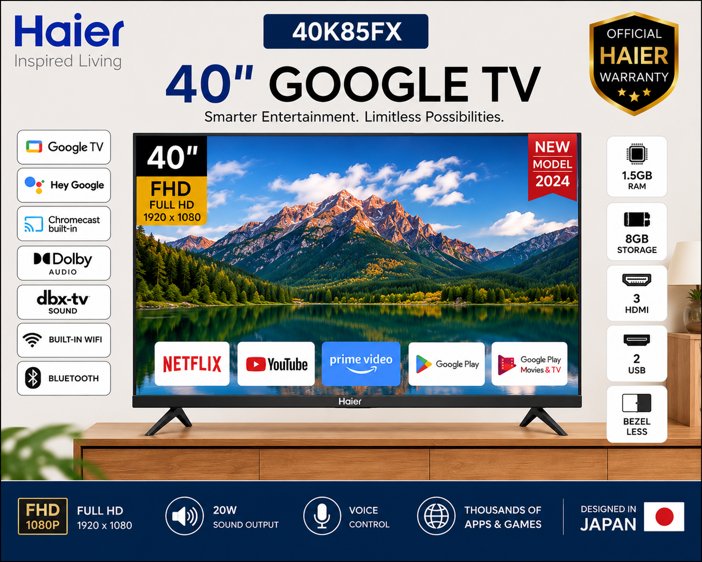 Haier 40 Inch LED Google TV H40K85FX | Full HD 1920x1080 | HDR10 | Dolby Audio | Google Assistant | Built-in Chromecast | WiFi Bluetooth | 2 Years Warranty