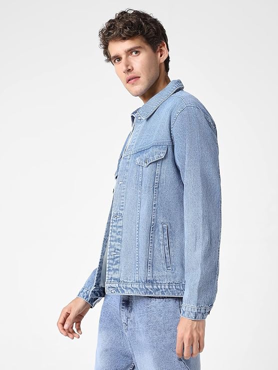 New Casual Chambray Denim Jacket with Button Closure and Collarless Design