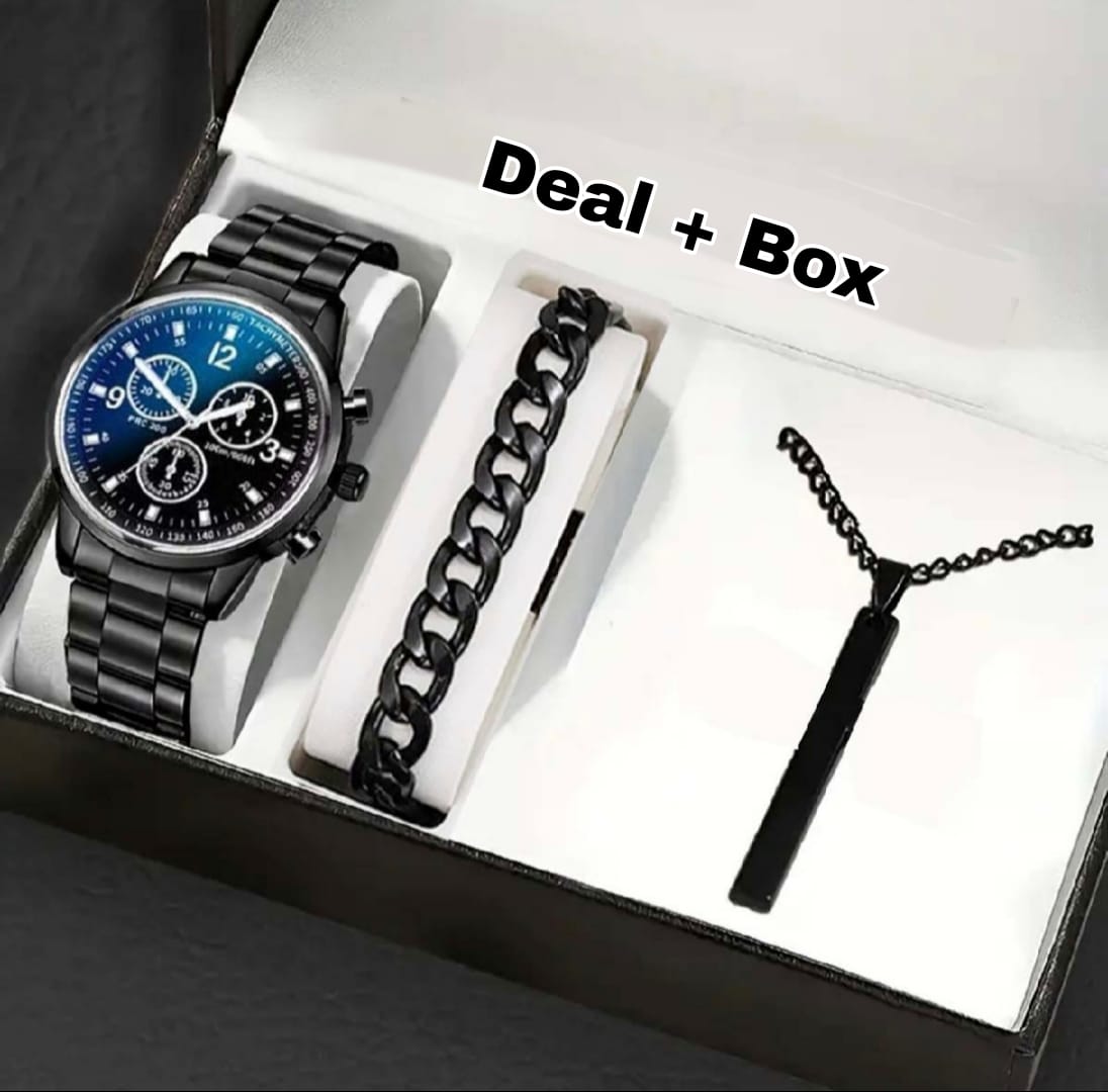 Pack Of 3 Mega Deal Watch Men's Gift Wedding Watch Deal -Top Class High Quality Wrist Watch Stainless steel Luxury Italian Cuban Link Bracelet And With Box For Men/Boys Stylish Analog Quartz Gold- Silver-Black Watch