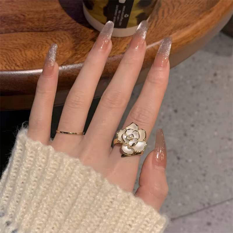 Korean Jewellery White Elegant Geometrical Pearl Camellia Flower Adjustable Ring For Girls