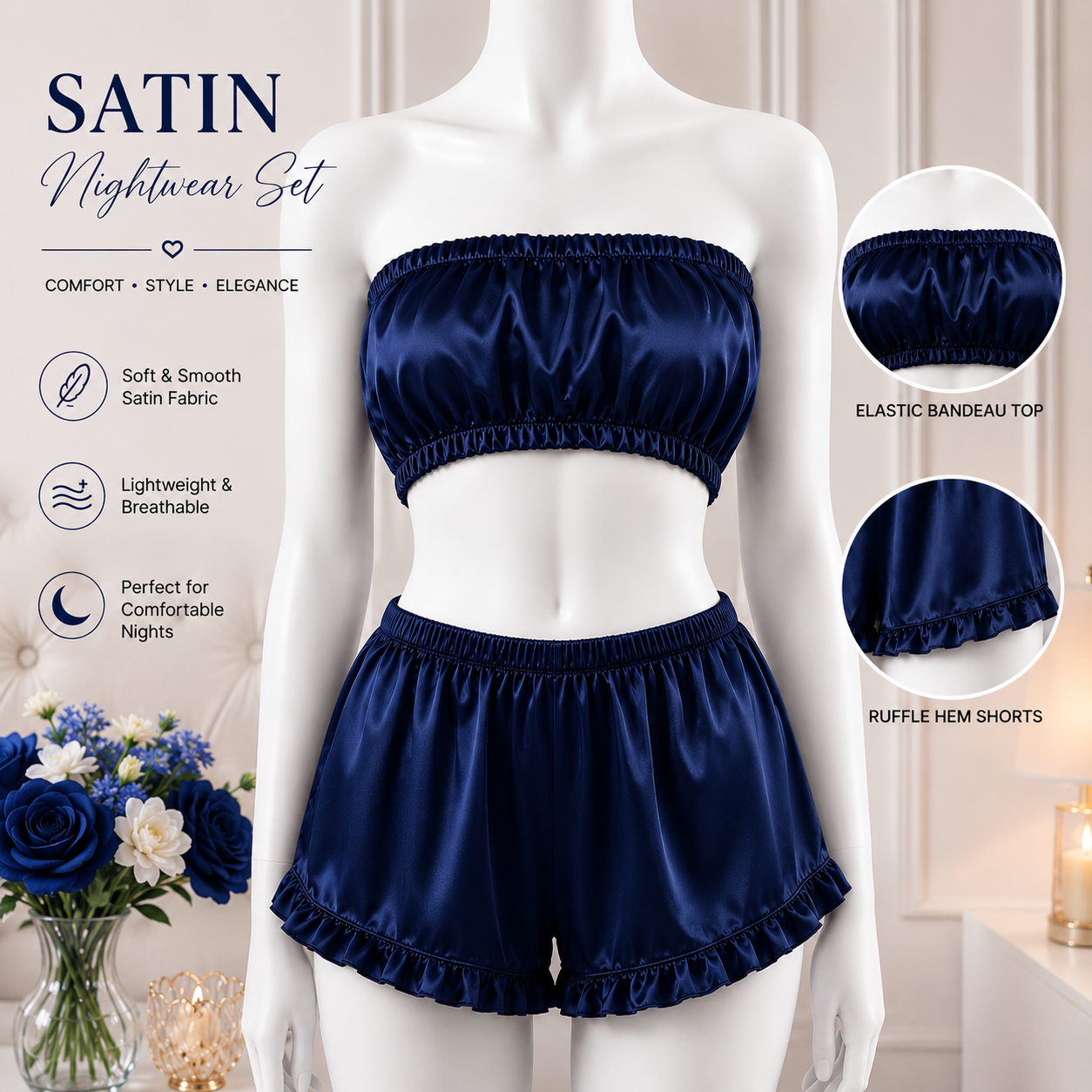 2 Piece Women Girl Ladies Silk Satin Robe Crop Tops Shorts Sleepwear Babydoll Nightdress Pajamas Set bridal Saxy Lingerie Women Dress for Night Wear and Parties Full Black Body Stocking Nighty for Women Free Bra