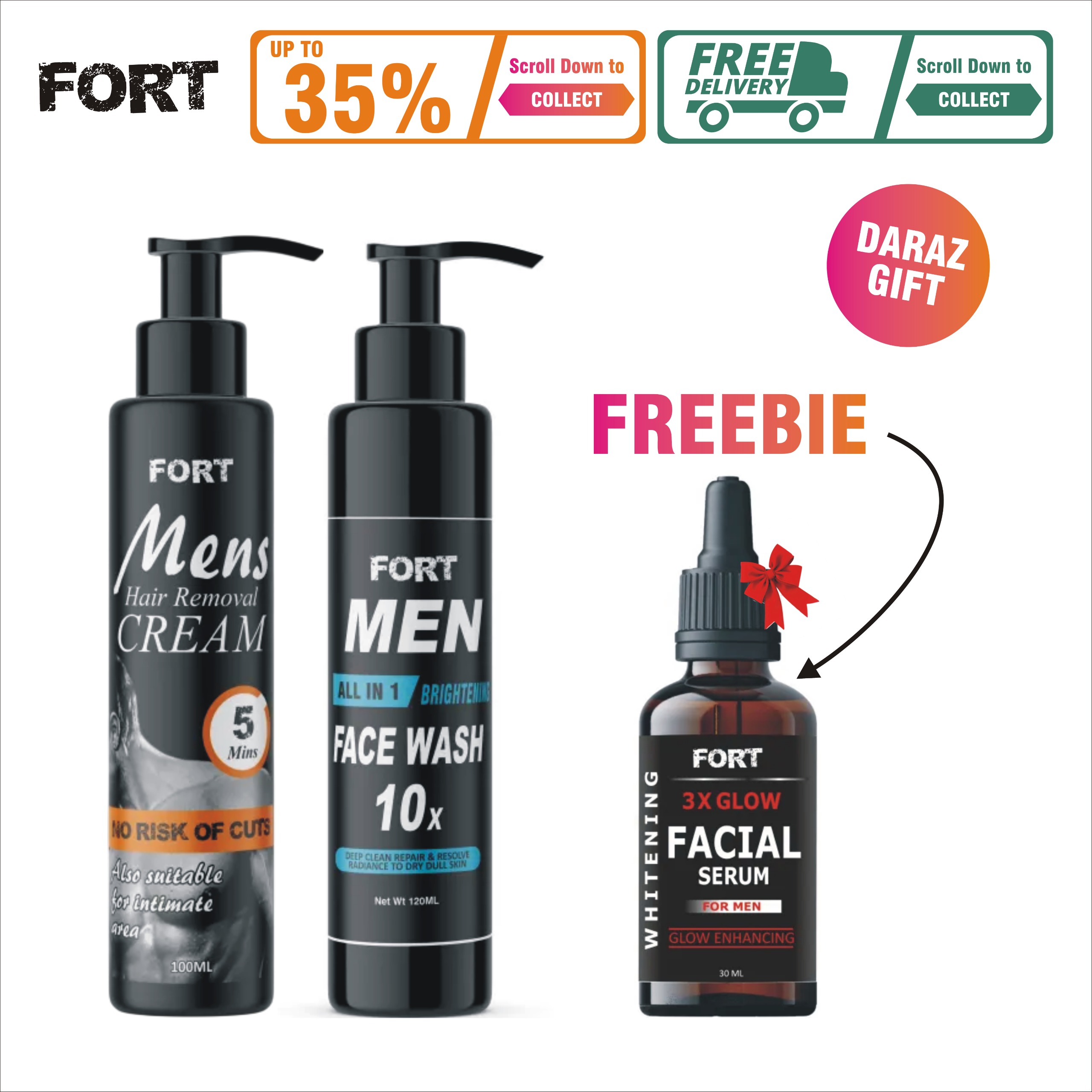 FORT -  Special Bundle - Extreme Whitening Face Wash For Men (100ml) With Hair Remover Cream For Men (120ml) + FREE Men’s Whitening Face Serum