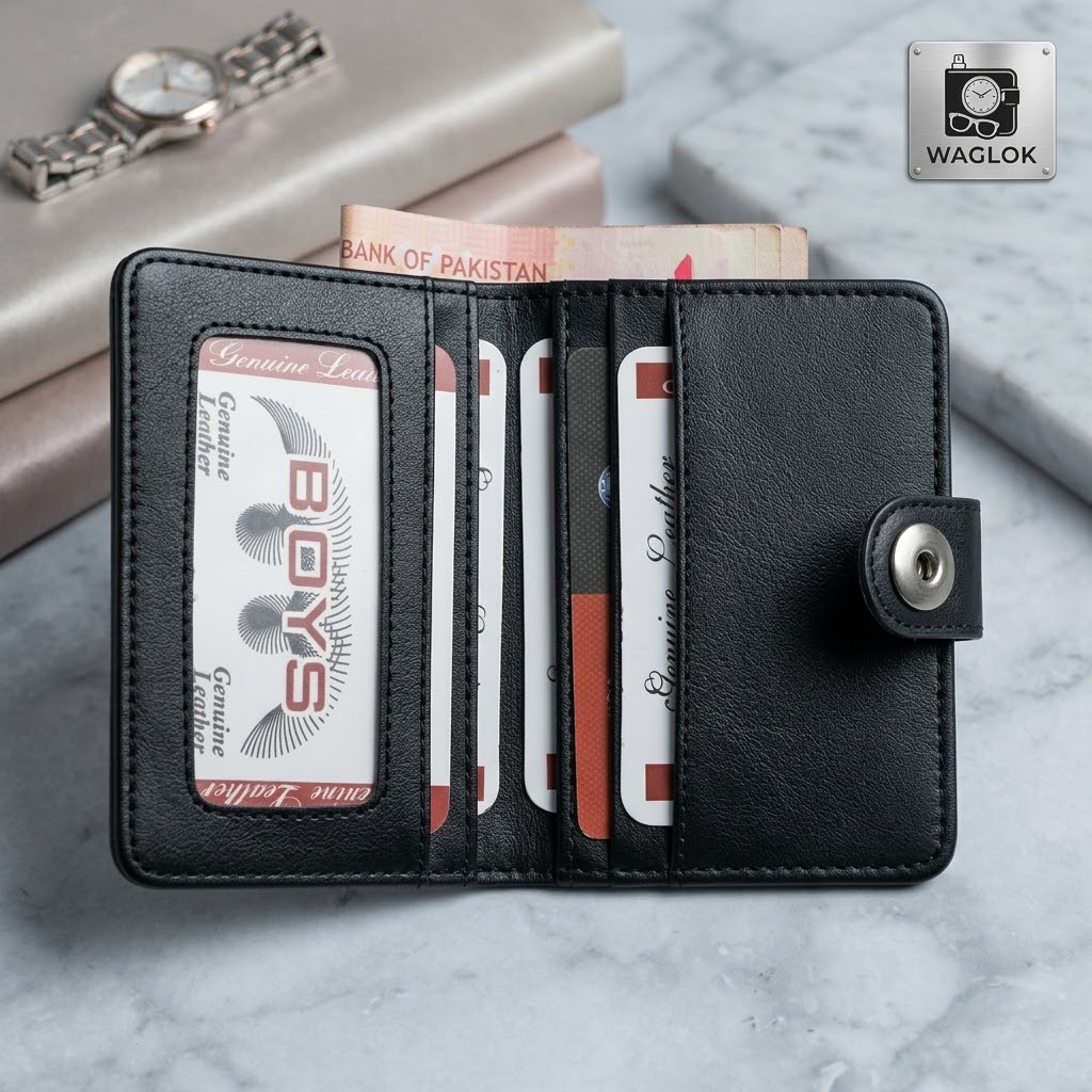 Magnetic Button Cow Leather Slim Wallet, 4 Card Slots, 1 Cash Pocket, 1 Window Card Slot