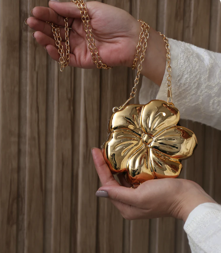 Most Trendy Mini Flower clutch Metallic / Acrylic Clutch With Long Chain For Women & Girls