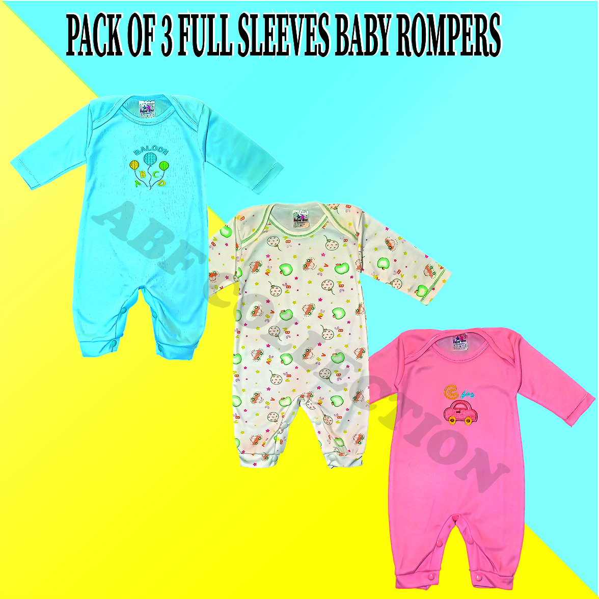 Pack Of 3 Baby Rompers - Newborn Baby Inner Full Sleeves Suit - Newborn Baby Body Suits - Size 0-3 Months - Multicolor